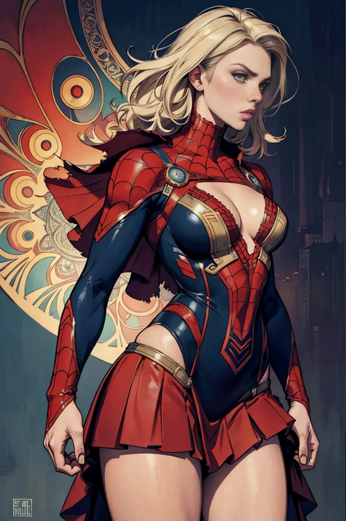 Margot Robbie、Sticking out the navel、newyork、She wears a torn Spider-Man suit,wearing skirt、abstract photorealistic、artistic、Alphonse Mucha's painting(masterpiece、top-quality、hight resolution:1.4)、detaileds、intricate-detail、4K、color splashes、line-drawing、Fibonacci、