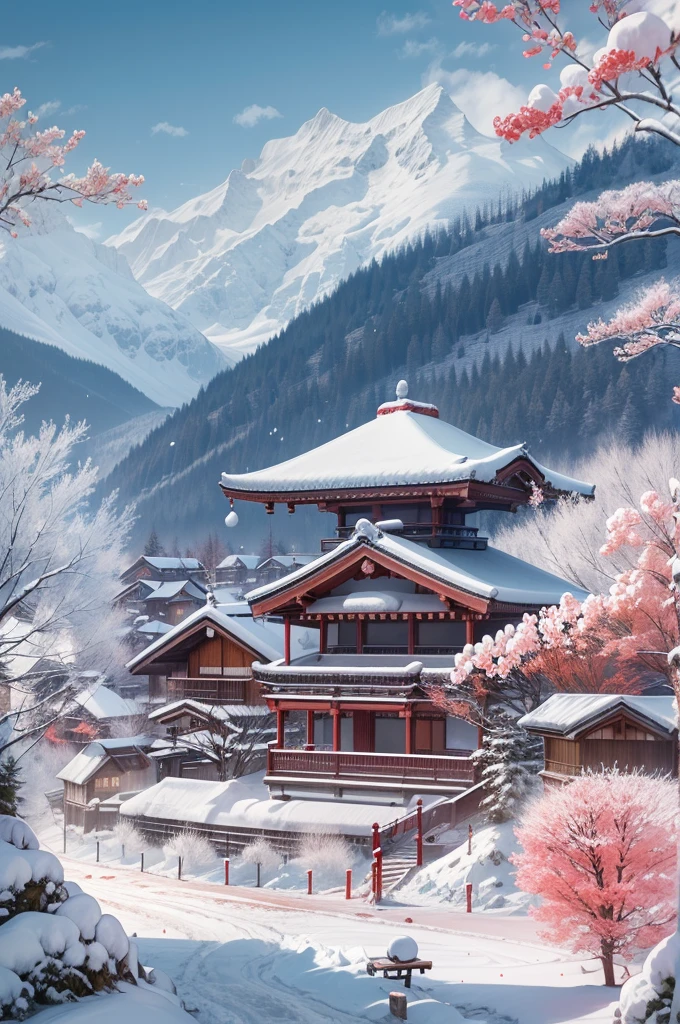 (Best Quality, 8K, masutepiece :1.3), snow mountains, Quiet snow-capped landscape, Breathtaking natural landscapes, Outside, traditional japanese building, quiet mountain resort, A quiet winter wonderland, Snow-covered peaks, Majestic beauty, pristine white snow,