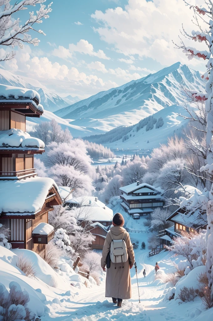 (Best Quality, 8K, masutepiece :1.3), snow mountains, Quiet snow-capped landscape, Breathtaking natural landscapes, Outside, traditional japanese building, quiet mountain resort, A quiet winter wonderland, Snow-covered peaks, Majestic beauty, pristine white snow,