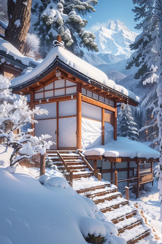 (Best Quality, 8K, masutepiece :1.3), snow mountains, Quiet snow-capped landscape, Breathtaking natural landscapes, Outside, traditional japanese building, quiet mountain resort, A quiet winter wonderland, Snow-covered peaks, Majestic beauty, pristine white snow,