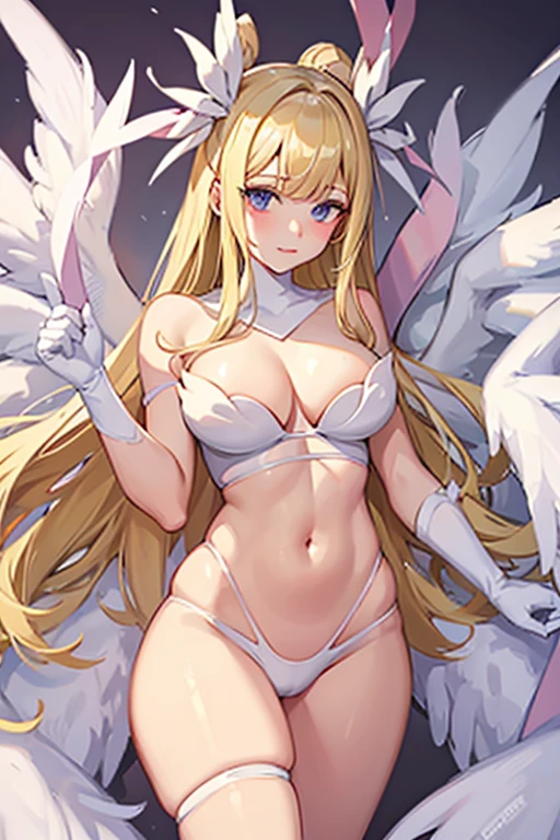 blonde hair, white bra, white lingerie, white underwear, long hair, angel wings,large breasts, bare shoulders, elbow gloves, feathered wings, gloves, head wings, navel, pink ribbon, ribbon, single elbow glove, single glove, thigh strap, wings