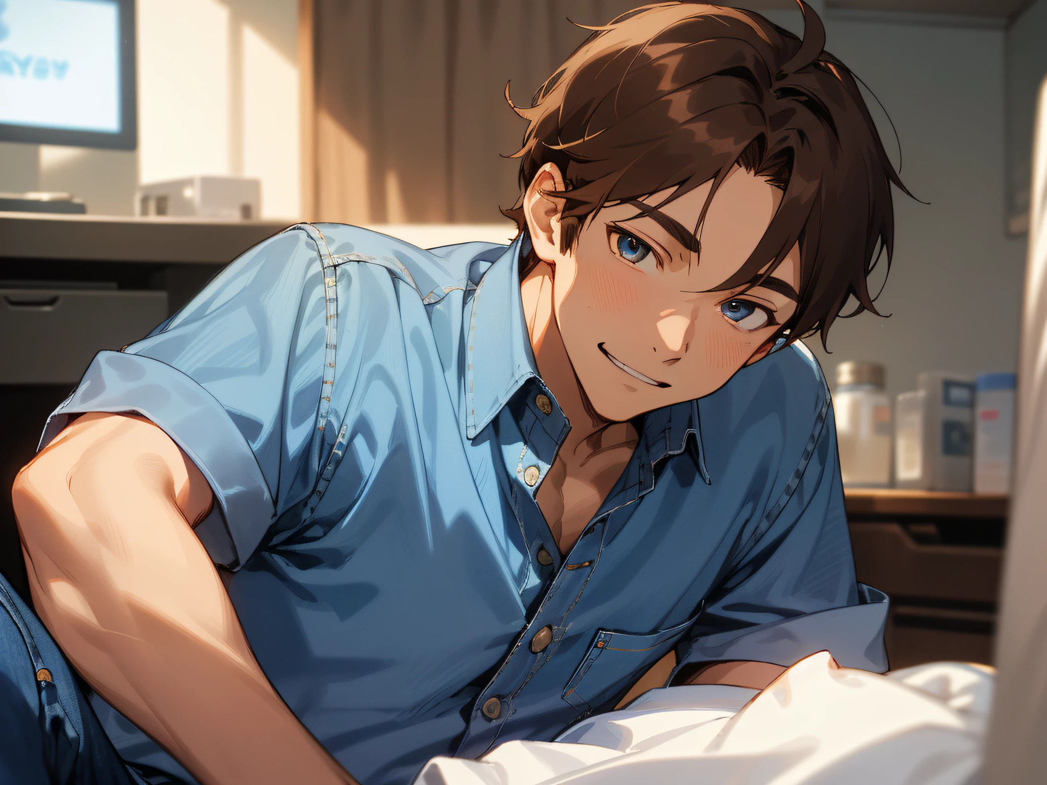 Upper body,a closeup,Man's，relaxed expression,Year's on,,ember, 36-years old,Cool,1 male、(Blue denim shirt)),Brown hair,(eyes are brown),Sitting at the bedside，Look into the camera,
