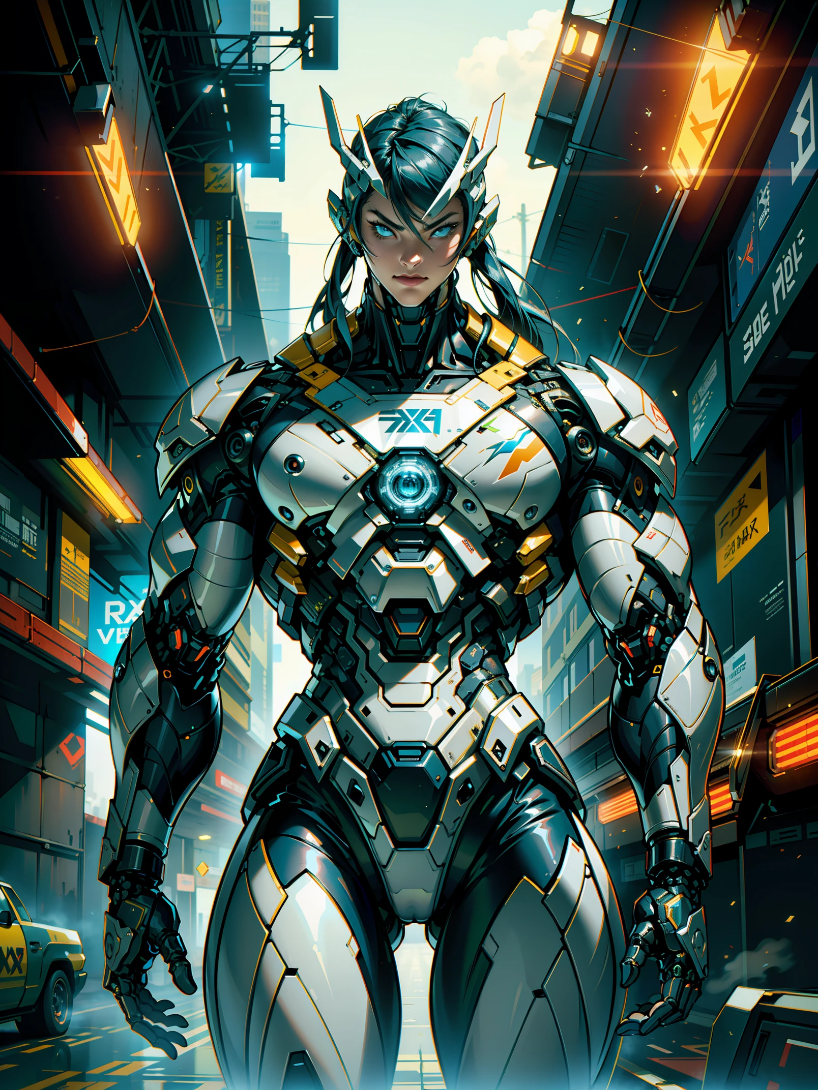 Marine space, Martelo 40,000, mundo em guerra, linda mulher cyberpunk com armadura mecha master chef halo muito detalhado, Mecha Warframe, cores vibrantes, vermelho, Branco, azul, verde, metallic yellow, enferrujada, Usado, sujo de sangue, with sky with clouds and full moon and battleships, corpo inteiro com armadura detalhada, campo de batalha sangrento,