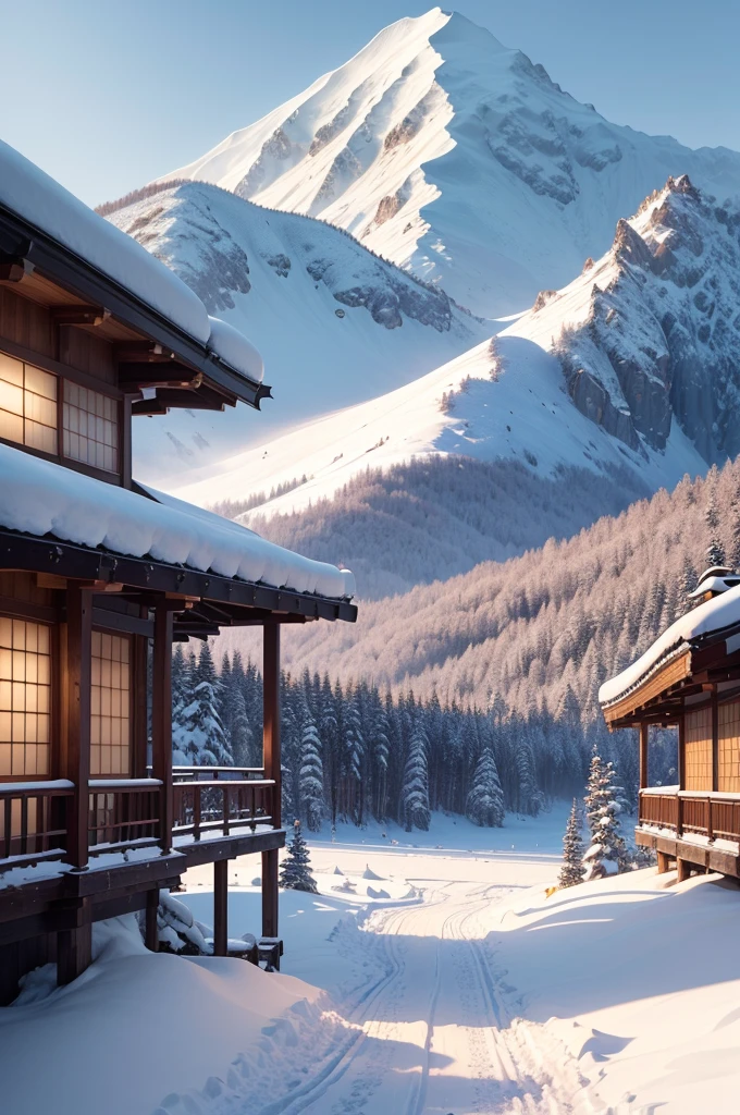 (Best Quality, 8K, masutepiece :1.3), snow mountains, Quiet snow-capped landscape, Breathtaking natural landscapes, Outside, traditional japanese building, quiet mountain resort, A quiet winter wonderland, Snow-covered peaks, Majestic beauty, pristine white snow,