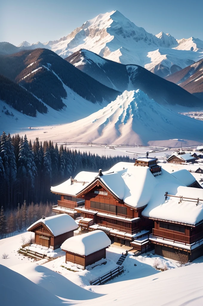(Best Quality, 8K, masutepiece :1.3), snow mountains, Quiet snow-capped landscape, Breathtaking natural landscapes, Outside, traditional japanese building, quiet mountain resort, A quiet winter wonderland, Snow-covered peaks, Majestic beauty, pristine white snow,
