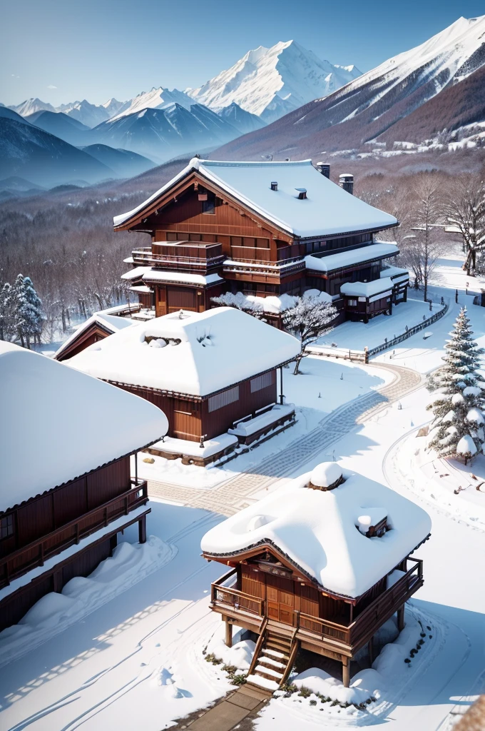 (Best Quality, 8K, masutepiece :1.3), snow mountains, Quiet snow-capped landscape, Breathtaking natural landscapes, Outside, traditional japanese building, quiet mountain resort, A quiet winter wonderland, Snow-covered peaks, Majestic beauty, pristine white snow,