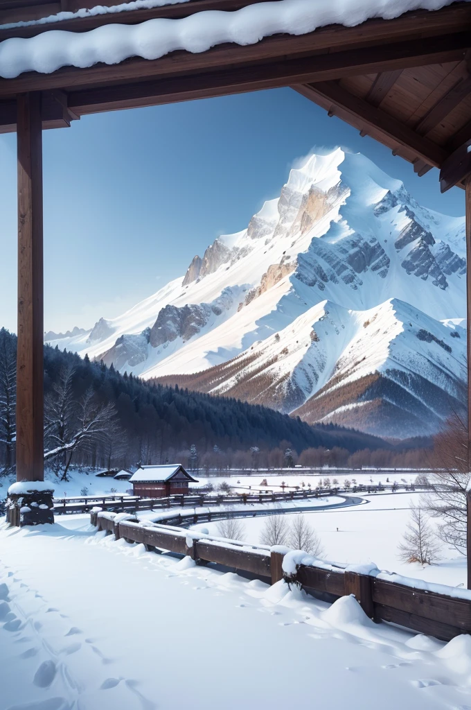 (Best Quality, 8K, masutepiece :1.3), snow mountains, Quiet snow-capped landscape, Breathtaking natural landscapes, Outside, traditional japanese building, quiet mountain resort, A quiet winter wonderland, Snow-covered peaks, Majestic beauty, pristine white snow,