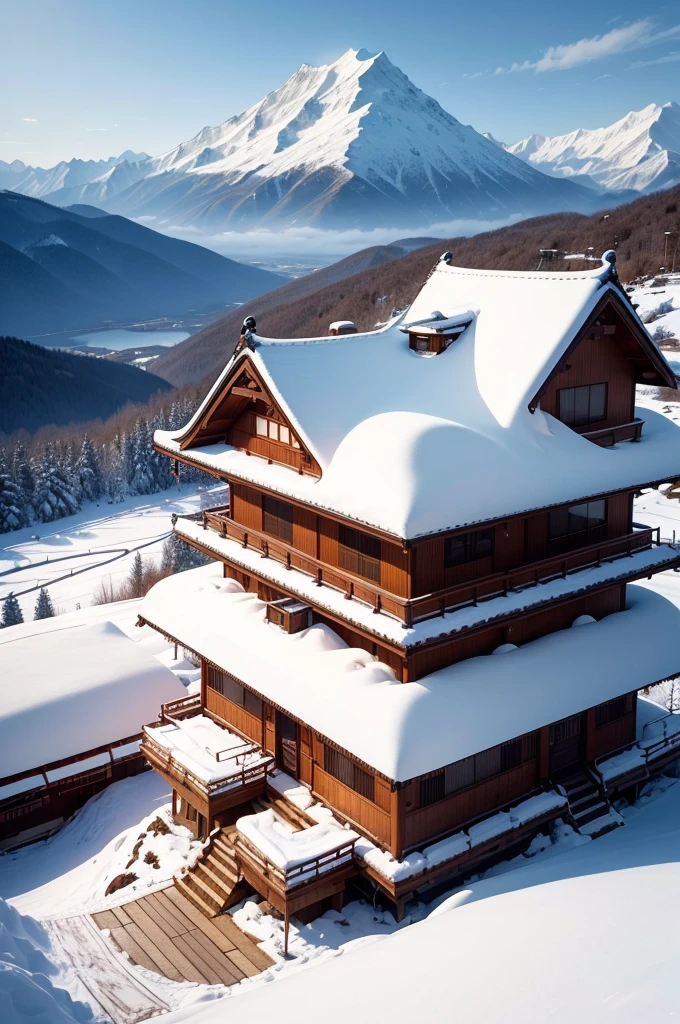 (Best Quality, 8K, masutepiece :1.3), snow mountains, Quiet snow-capped landscape, Breathtaking natural landscapes, Outside, traditional japanese building, quiet mountain resort, A quiet winter wonderland, Snow-covered peaks, Majestic beauty, pristine white snow,