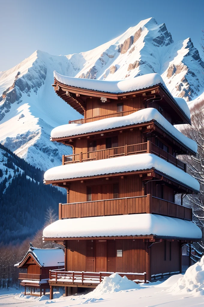 (Best Quality, 8K, masutepiece :1.3), snow mountains, Quiet snow-capped landscape, Breathtaking natural landscapes, Outside, traditional japanese building, quiet mountain resort, A quiet winter wonderland, Snow-covered peaks, Majestic beauty, pristine white snow,