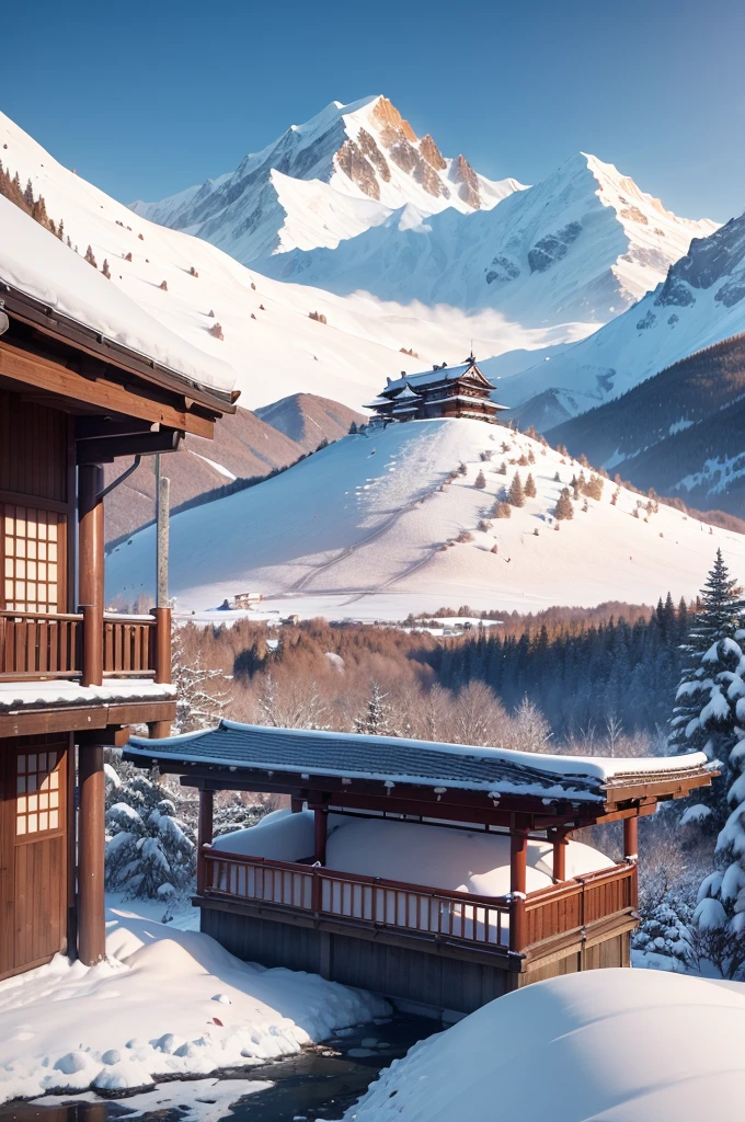 (Best Quality, 8K, masutepiece :1.3), snow mountains, Quiet snow-capped landscape, Breathtaking natural landscapes, Outside, traditional japanese building, quiet mountain resort, A quiet winter wonderland, Snow-covered peaks, Majestic beauty, pristine white snow,