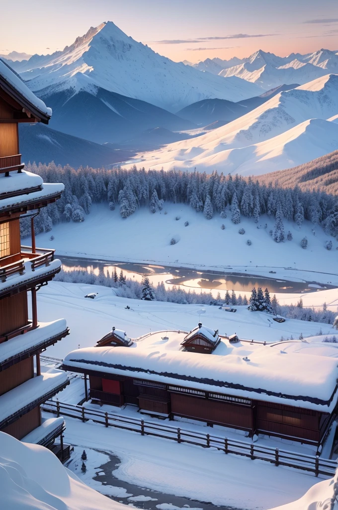 (Best Quality, 8K, masutepiece :1.3), snow mountains, Quiet snow-capped landscape, Breathtaking natural landscapes, Outside, traditional japanese building, quiet mountain resort, A quiet winter wonderland, Snow-covered peaks, Majestic beauty, pristine white snow,