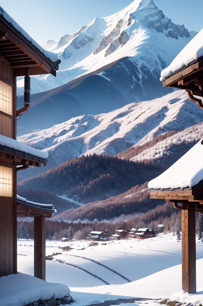 (Best Quality, 8K, masutepiece :1.3), snow mountains, Quiet snow-capped landscape, Breathtaking natural landscapes, Outside, traditional japanese building, quiet mountain resort, A quiet winter wonderland, Snow-covered peaks, Majestic beauty, pristine white snow,