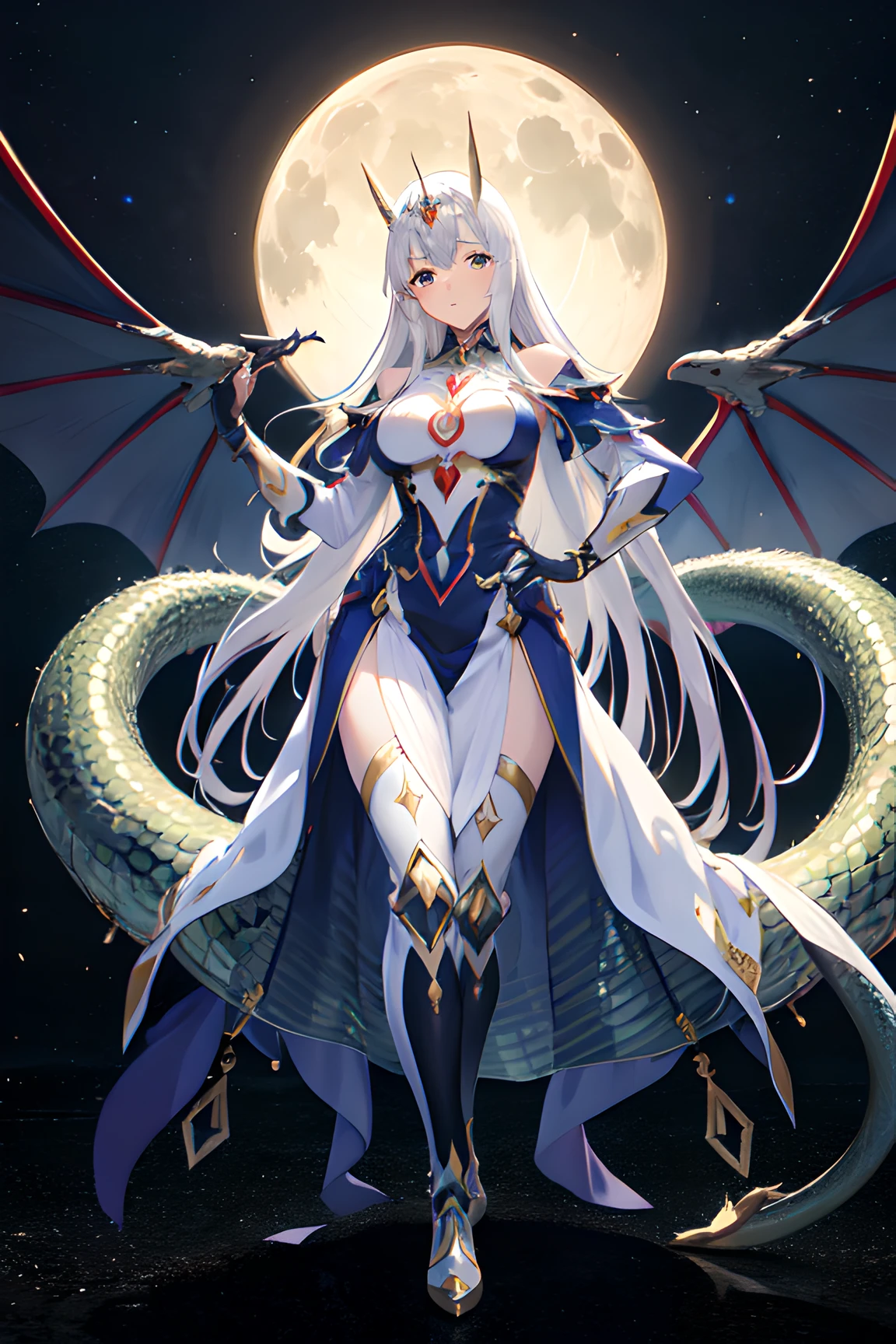 une femme au pouvoir majestueux avec une cheveulure blanche qui commence à lencer un saor gigantesque avec un kaiju qui ressemble à un serpent noir juste derrière de tien du personnage et il a une lune rouge avec un mecha à coté