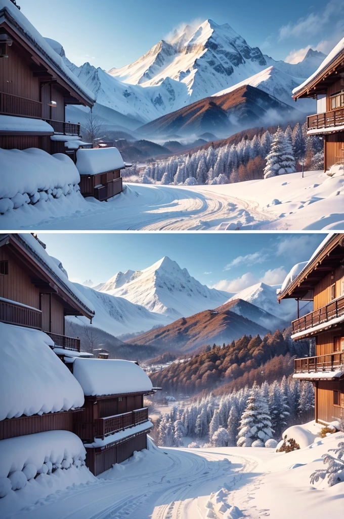 (Best Quality, 8K, masutepiece :1.3), snow mountains, Quiet snow-capped landscape, Breathtaking natural landscapes, Outside, traditional japanese building, quiet mountain resort, A quiet winter wonderland, Snow-covered peaks, Majestic beauty, pristine white snow,