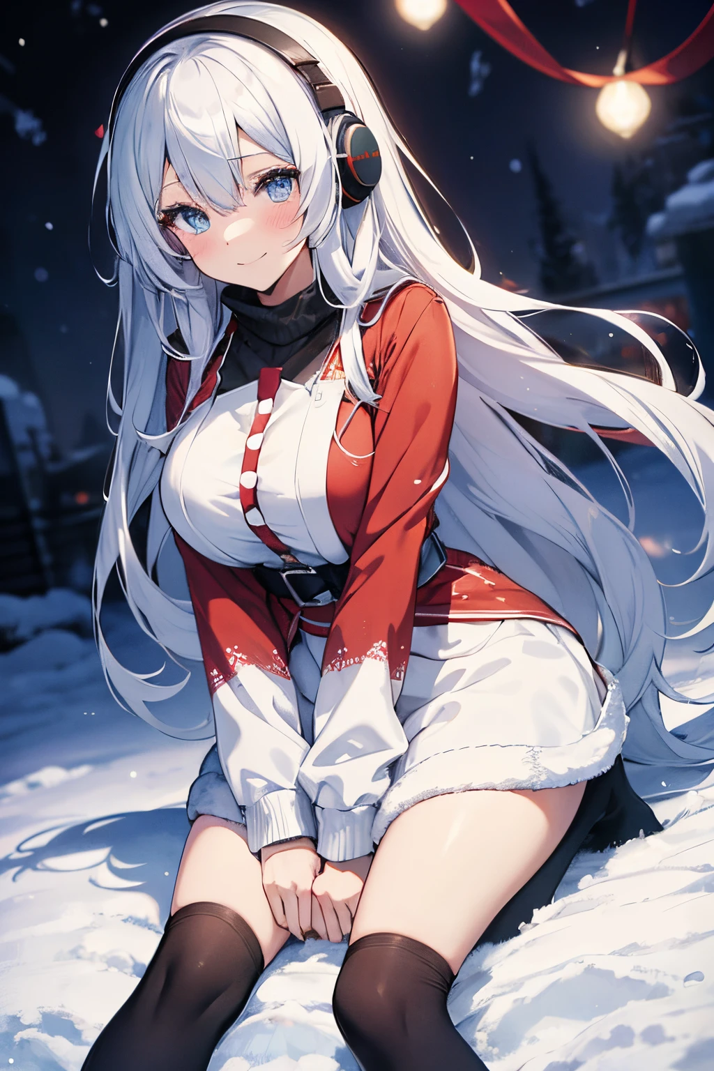 "anime girl, 1 person, silver white hair mixed with black, blue eyes, wearing headphones, Santa shirt, Santa outfit, Christmas outfit, winter outfit, red winter dress, big breasts, long socks, standing cross-legged, smiling shyly, blushing, looking sideways, cold winter, snowing, suitable for Christmas gifts, Christmas, solo(full HD Image 4K+)"