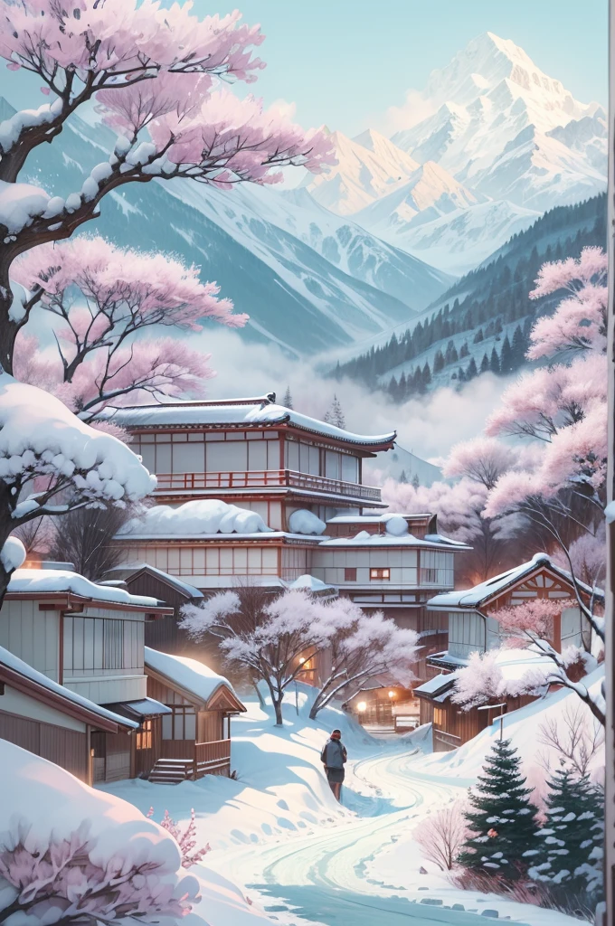 (Best Quality, 8K, masutepiece :1.3), snow mountains, Quiet snow-capped landscape, Breathtaking natural landscapes, Outside, traditional japanese building, quiet mountain resort, A quiet winter wonderland, Snow-covered peaks, Majestic beauty, pristine white snow,