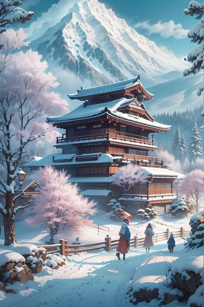 (Best Quality, 8K, masutepiece :1.3), snow mountains, Quiet snow-capped landscape, Breathtaking natural landscapes, Outside, traditional japanese building, quiet mountain resort, A quiet winter wonderland, Snow-covered peaks, Majestic beauty, pristine white snow,