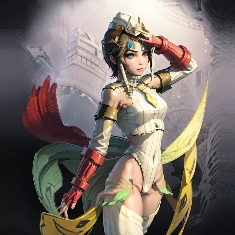 ultra-detailed, Explicit, Beautiful body, Beautiful Nose, Beautiful character design, perfect eyes, perfect face, ultra highres, 4K, beautiful legs, perfect legs, Nice hands, Perfect hand, Masterpiece, Best Quality, Highly detailed, illustration, absurdres, street fighter, doll suit, shadaloo doll, dollsuit, girls, multiple girls, expressionless, blank eyes, looking at viewer, red gloves, emotionless, black latex, corrution, mind control, female combatant, full body, hypnotized, unhappy trance, full body suit, ribbed bodysuit, both arms at side, stand up straight, obey, perfect female body, extremely glossy latex, hypnosis, hypnoLora, empty eyes, Mind control device, poses, submissive_pose, Slave, hat, necktie, stand up straight, standing, standing at attention, Slave, hat, necktie, belt, extending the right arm from the shoulder into the air with a straightened hand, nazi saluting, military, military saluting, salute, latex, ribbed bodysuit, brown hair, green eyes, tiara, Sanzang Fashi, Warriors Orochi