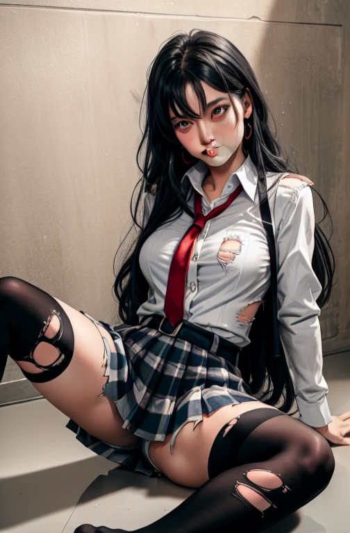 (full figure:1.1), 1 girl as yukino yukinoshita, absurdres, highres, solo, school uniform, big breasts, waist long black hair, (twintails:0.5), (pleated miniskirt:1.2), (black thighhigh socks:1.1), loose red ribbon, unbuttoned white shirt, (ahegao:1.2), (rolling eyes:1.2), (torn clothes:1.5), bare breastss, spread legs