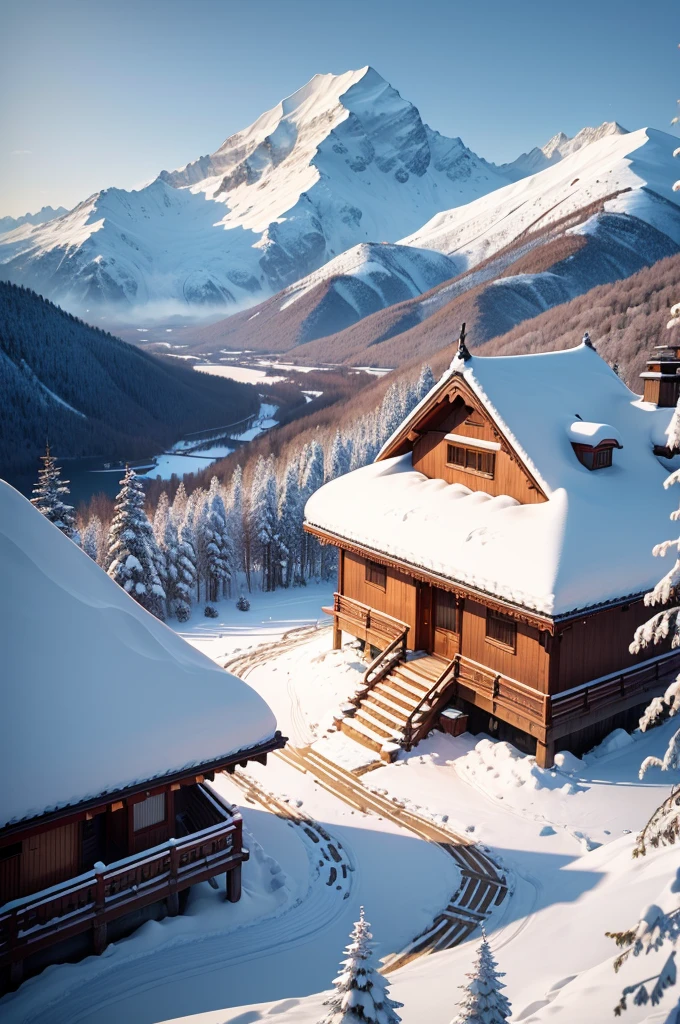 (Best Quality, 8K, masutepiece :1.3), snow mountains, Quiet snow-capped landscape, Breathtaking natural landscapes, Outside, traditional japanese building, quiet mountain resort, A quiet winter wonderland, Snow-covered peaks, Majestic beauty, pristine white snow,