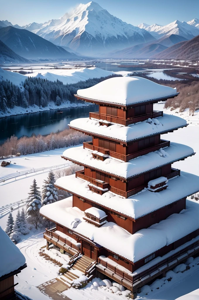 (Best Quality, 8K, masutepiece :1.3), snow mountains, Quiet snow-capped landscape, Breathtaking natural landscapes, Outside, traditional japanese building, quiet mountain resort, A quiet winter wonderland, Snow-covered peaks, Majestic beauty, pristine white snow,
