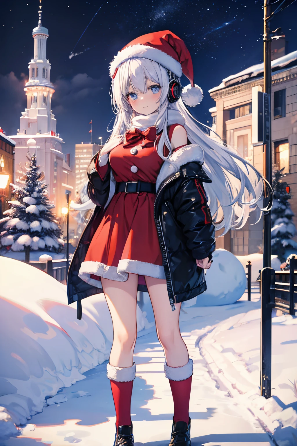 "anime girl, 1 person, silver white hair mixed with black, blue eyes, wearing headphones, Santa shirt, Santa outfit, Christmas outfit, winter outfit, red winter dress, big breasts, long socks, standing cross-legged, smiling shyly, blushing, looking sideways, cold winter, snowing, suitable for Christmas gifts, Christmas, solo(full HD Image 4K+)"