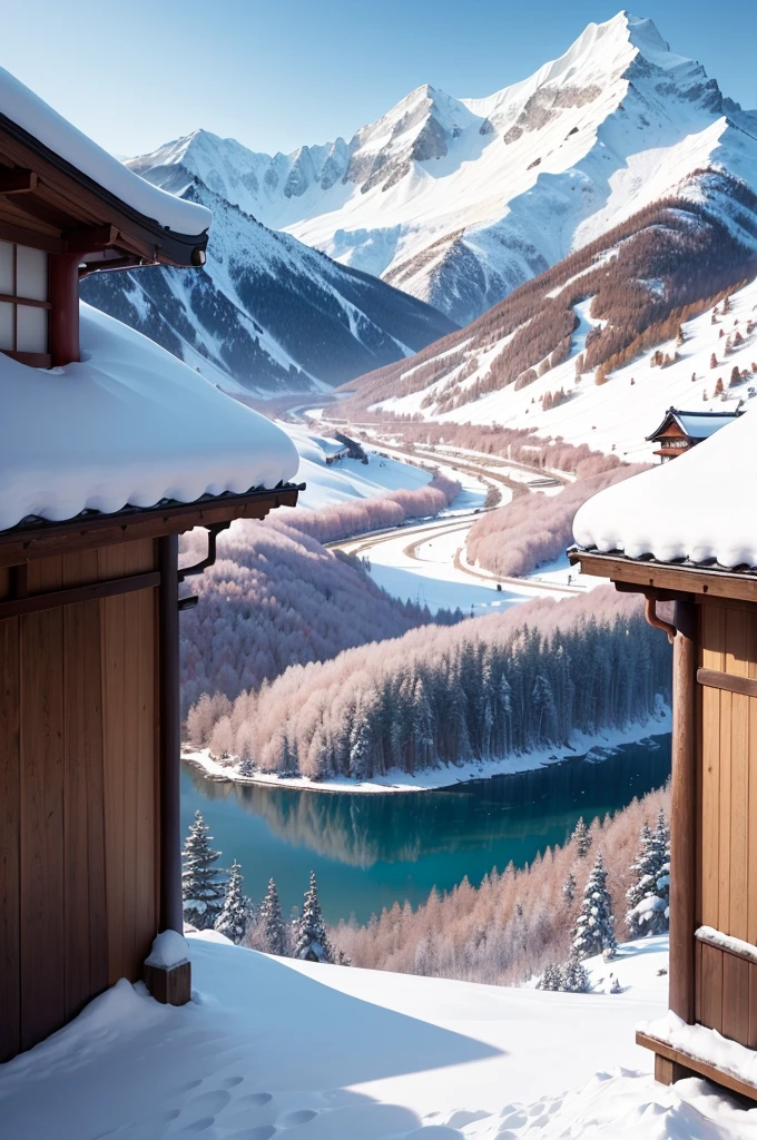 (Best Quality, 8K, masutepiece :1.3), snow mountains, Quiet snow-capped landscape, Breathtaking natural landscapes, Outside, traditional japanese building, quiet mountain resort, A quiet winter wonderland, Snow-covered peaks, Majestic beauty, pristine white snow,