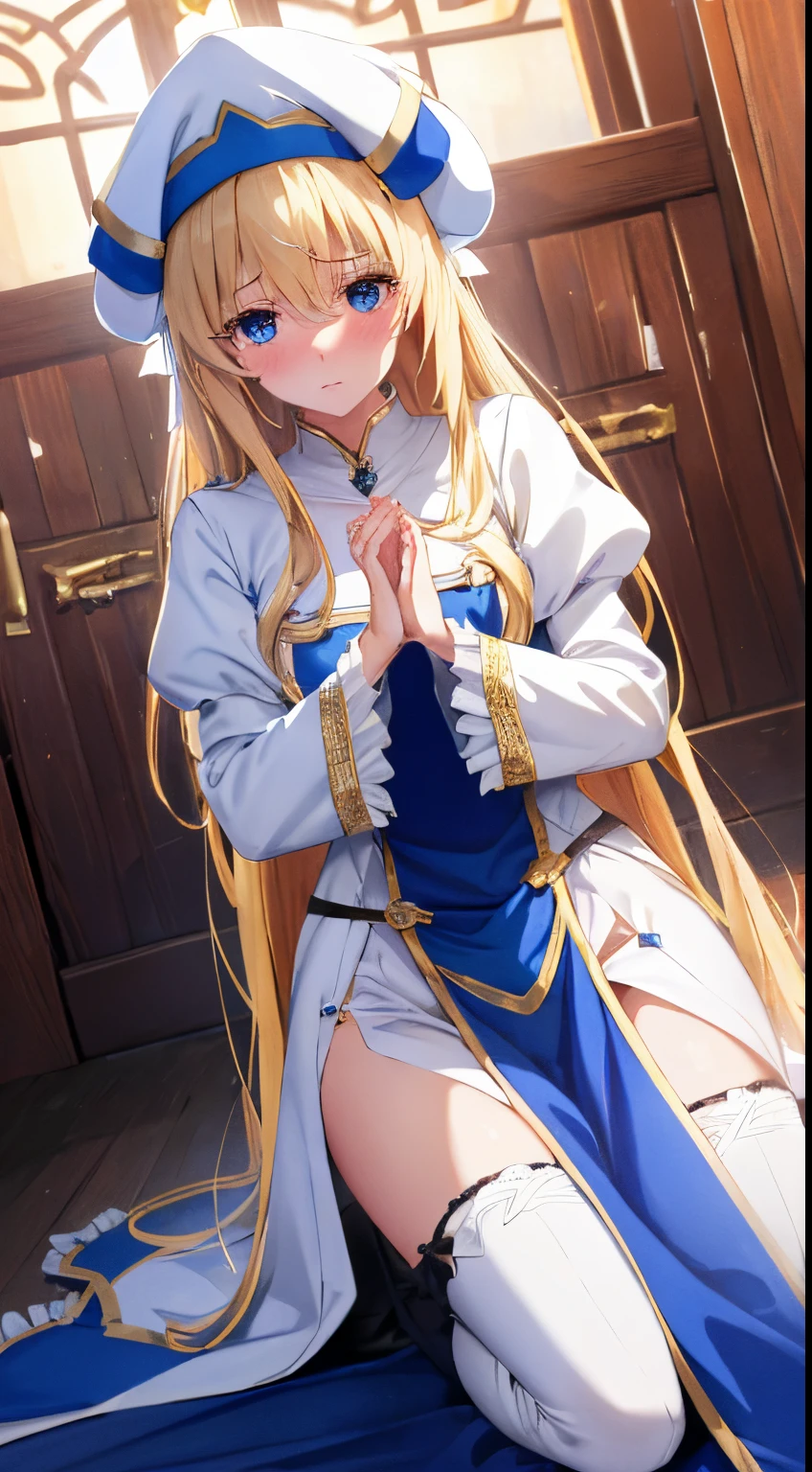 Best Quality,High resolution, Ultra-detailed,Game CG,Dutch Angle,Beautiful detailed eyes,Five Fingers,a beauty girl,upper body,A slender,Child's body shape,priestess, Blonde hair, Blue eyes, Long hair, hair between eye,long boots, Dress, frilly sleeves, frilld, hat, White cap, pelvis curtain,high-heels, robe, Thigh boots, white thighhig, Long sleeves, Puffy sleeves,outside of house,(heart hands),blush,embarrassed