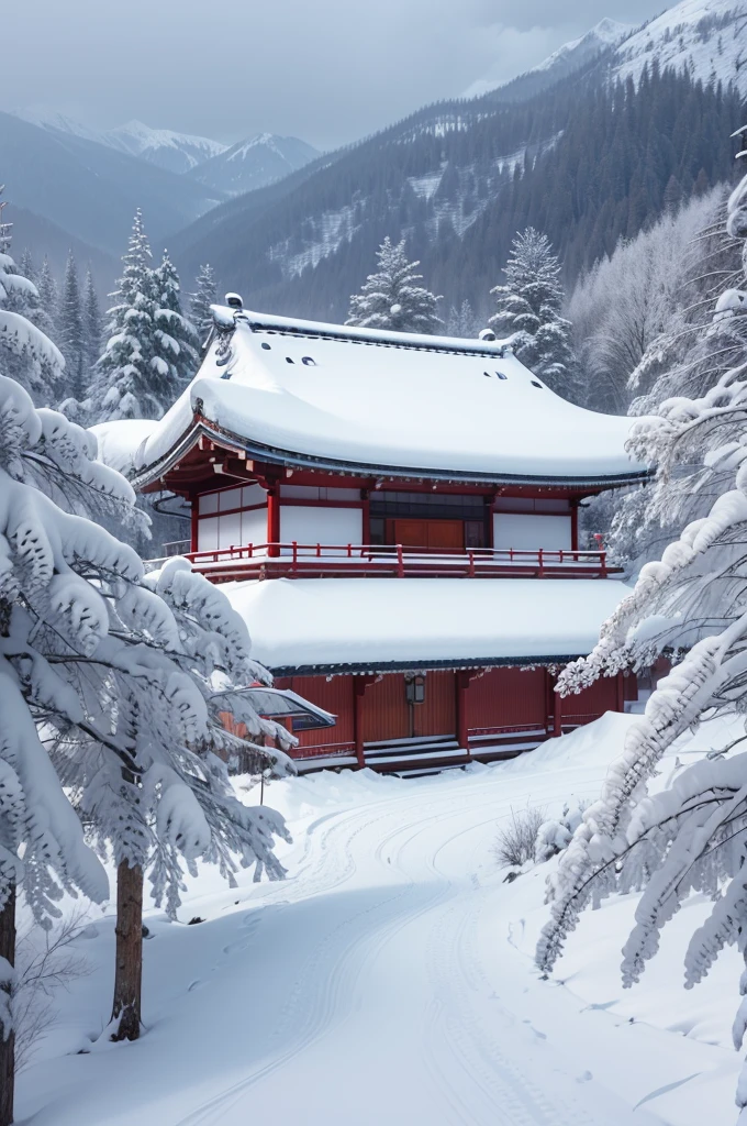 (Best Quality, 8K, masutepiece :1.3), snow mountains, Quiet snow-capped landscape, Breathtaking natural landscapes, Outside, traditional japanese building, quiet mountain resort, A quiet winter wonderland, Snow-covered peaks, Majestic beauty, pristine white snow,