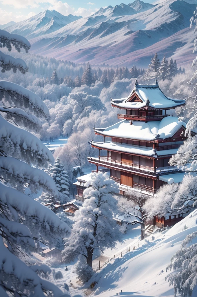 (Best Quality, 8K, masutepiece :1.3), snow mountains, Quiet snow-capped landscape, Breathtaking natural landscapes, Outside, traditional japanese building, quiet mountain resort, A quiet winter wonderland, Snow-covered peaks, Majestic beauty, pristine white snow,