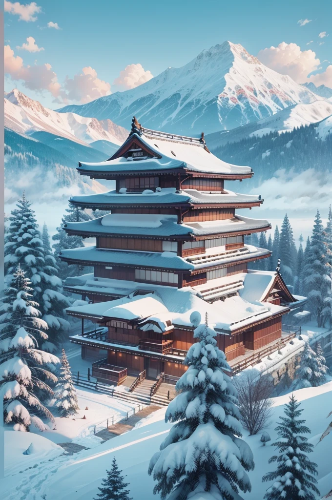 (Best Quality, 8K, masutepiece :1.3), snow mountains, Quiet snow-capped landscape, Breathtaking natural landscapes, Outside, traditional japanese building, quiet mountain resort, A quiet winter wonderland, Snow-covered peaks, Majestic beauty, pristine white snow,