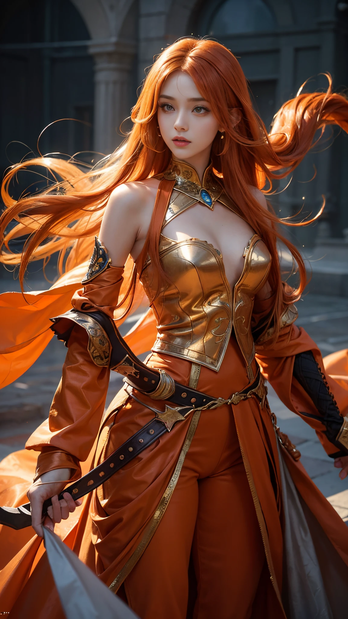 model shoot, (1 girl), long hair, orange hair, Islamic warrior, orange outfit, laces, shining:1.5, hyper realistic, super detailed, Dynamic shot, masterpiece, scene sharp détails, perfect eyes, perfect skin, perfect hands, attractive pose,