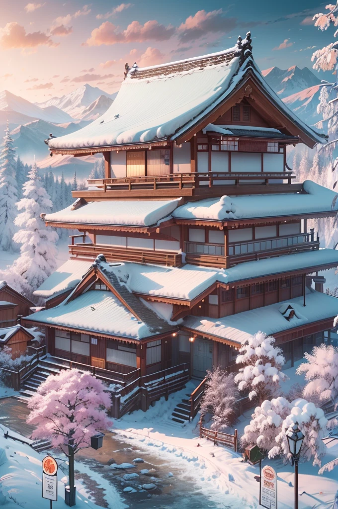 (Best Quality, 8K, masutepiece :1.3), snow mountains, Quiet snow-capped landscape, Breathtaking natural landscapes, Outside, traditional japanese building, quiet mountain resort, A quiet winter wonderland, Snow-covered peaks, Majestic beauty, pristine white snow,