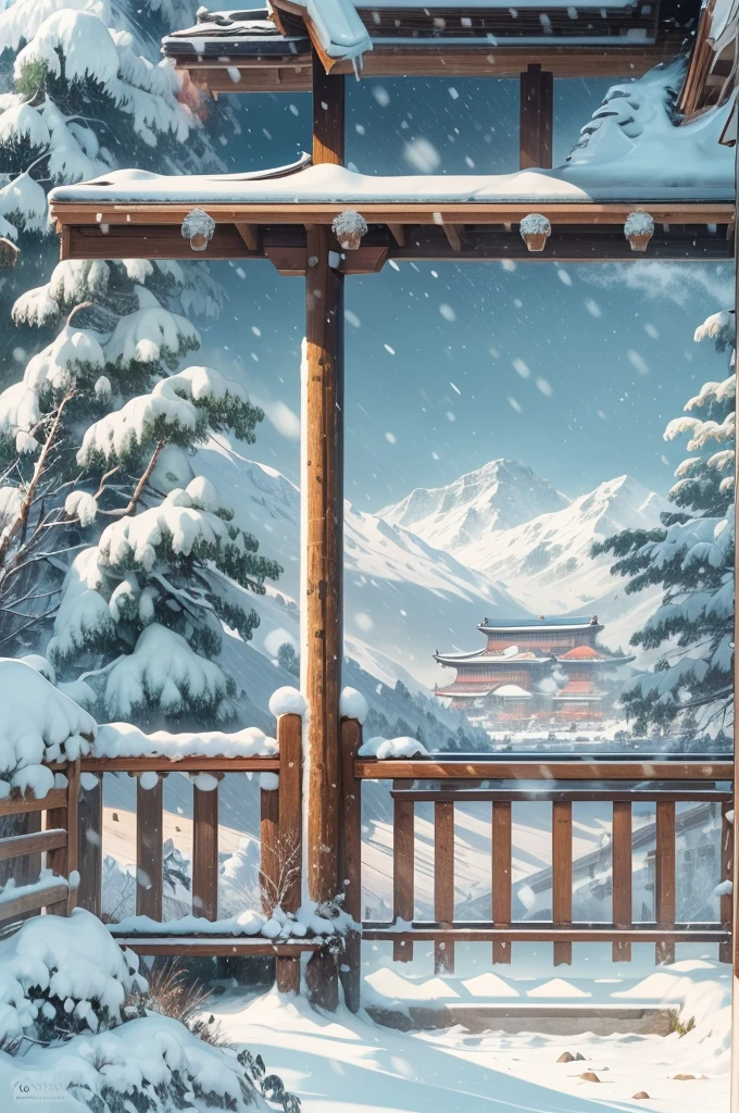 (Best Quality, 8K, masutepiece :1.3), snow mountains, Quiet snow-capped landscape, Breathtaking natural landscapes, Outside, traditional japanese building, quiet mountain resort, A quiet winter wonderland, Snow-covered peaks, Majestic beauty, pristine white snow,