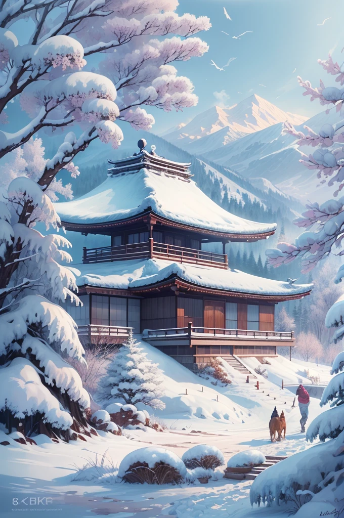 (Best Quality, 8K, masutepiece :1.3), snow mountains, Quiet snow-capped landscape, Breathtaking natural landscapes, Outside, traditional japanese building, quiet mountain resort, A quiet winter wonderland, Snow-covered peaks, Majestic beauty, pristine white snow,