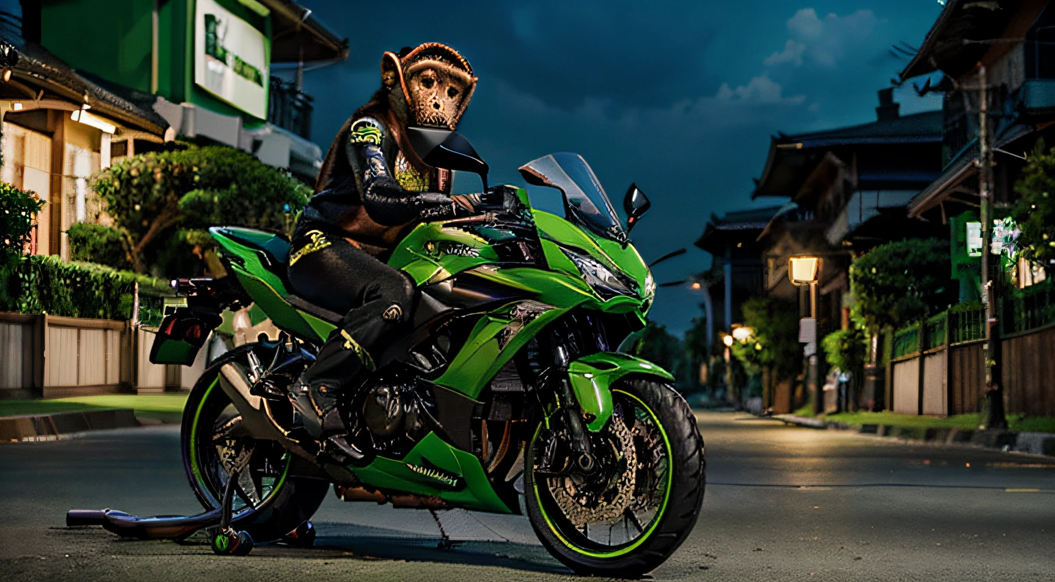 Por favor, make an excellent quality image of a monkey riding a green Kawasaki ninja, with a romantic phrase. The environment must be an avenue at night