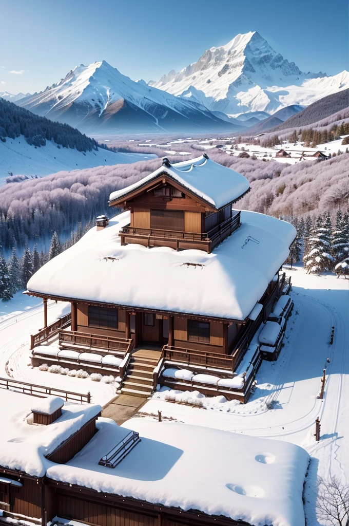 (Best Quality, 8K, masutepiece :1.3), snow mountains, Quiet snow-capped landscape, Breathtaking natural landscapes, Outside, traditional japanese building, quiet mountain resort, A quiet winter wonderland, Snow-covered peaks, Majestic beauty, pristine white snow,
