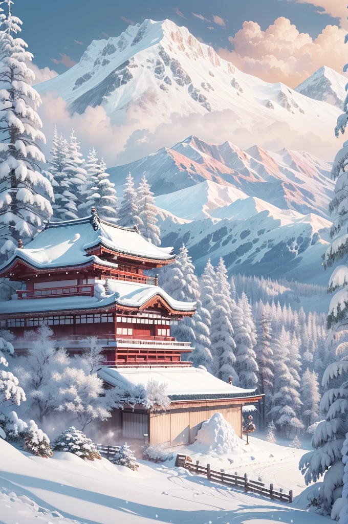 (Best Quality, 8K, masutepiece :1.3), snow mountains, Quiet snow-capped landscape, Breathtaking natural landscapes, Outside, traditional japanese building, quiet mountain resort, A quiet winter wonderland, Snow-covered peaks, Majestic beauty, pristine white snow,