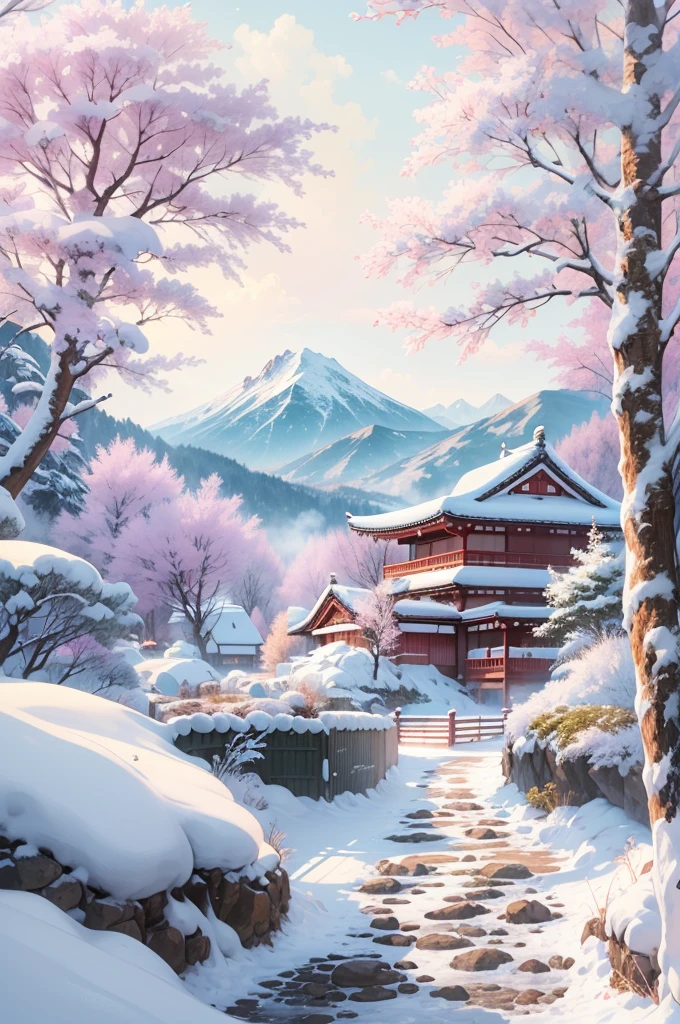 (Best Quality, 8K, masutepiece :1.3), snow mountains, Quiet snow-capped landscape, Breathtaking natural landscapes, Outside, traditional japanese building, quiet mountain resort, A quiet winter wonderland, Snow-covered peaks, Majestic beauty, pristine white snow,