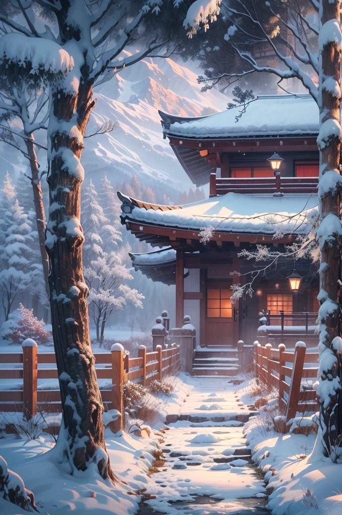 (Best Quality, 8K, masutepiece :1.3), snow mountains, Quiet snow-capped landscape, Breathtaking natural landscapes, Outside, traditional japanese building, quiet mountain resort, A quiet winter wonderland, Snow-covered peaks, Majestic beauty, pristine white snow,