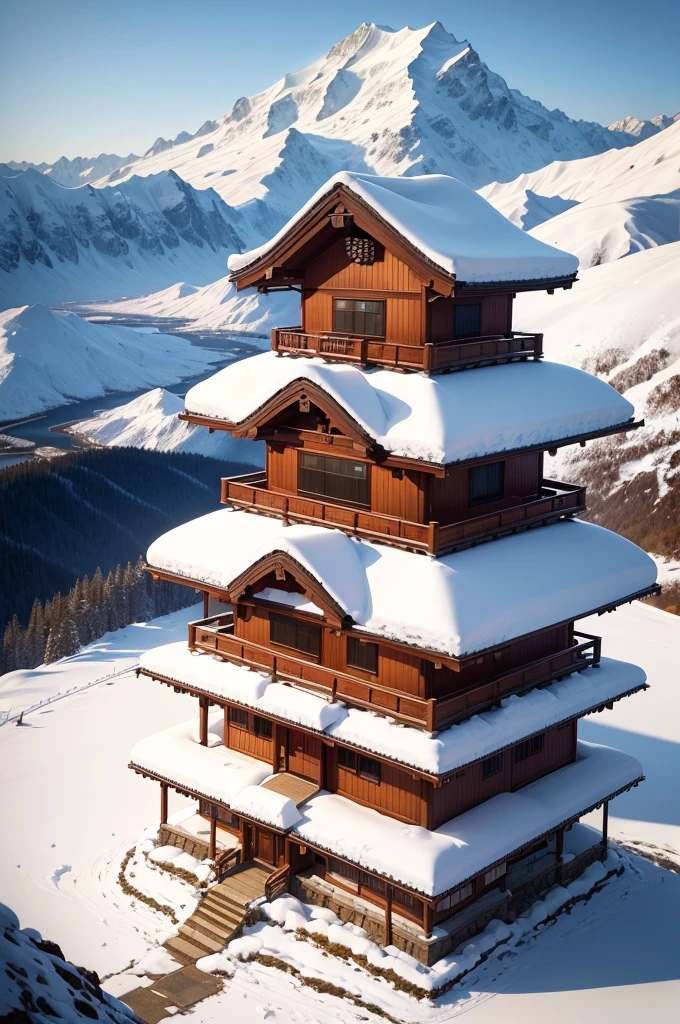 (Best Quality, 8K, masutepiece :1.3), snow mountains, Quiet snow-capped landscape, Breathtaking natural landscapes, Outside, traditional japanese building, quiet mountain resort, A quiet winter wonderland, Snow-covered peaks, Majestic beauty, pristine white snow,