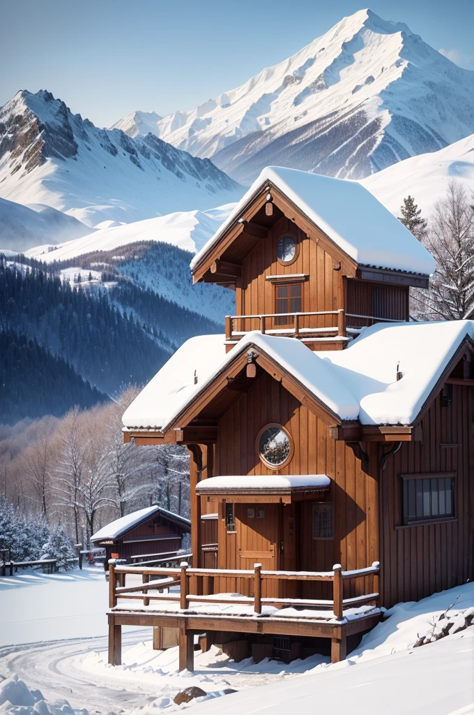 (Best Quality, 8K, masutepiece :1.3), snow mountains, Quiet snow-capped landscape, Breathtaking natural landscapes, Outside, traditional japanese building, quiet mountain resort, A quiet winter wonderland, Snow-covered peaks, Majestic beauty, pristine white snow,