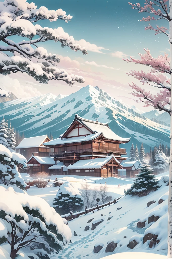 (Best Quality, 8K, masutepiece :1.3), snow mountains, Quiet snow-capped landscape, Breathtaking natural landscapes, Outside, traditional japanese building, quiet mountain resort, A quiet winter wonderland, Snow-covered peaks, Majestic beauty, pristine white snow,