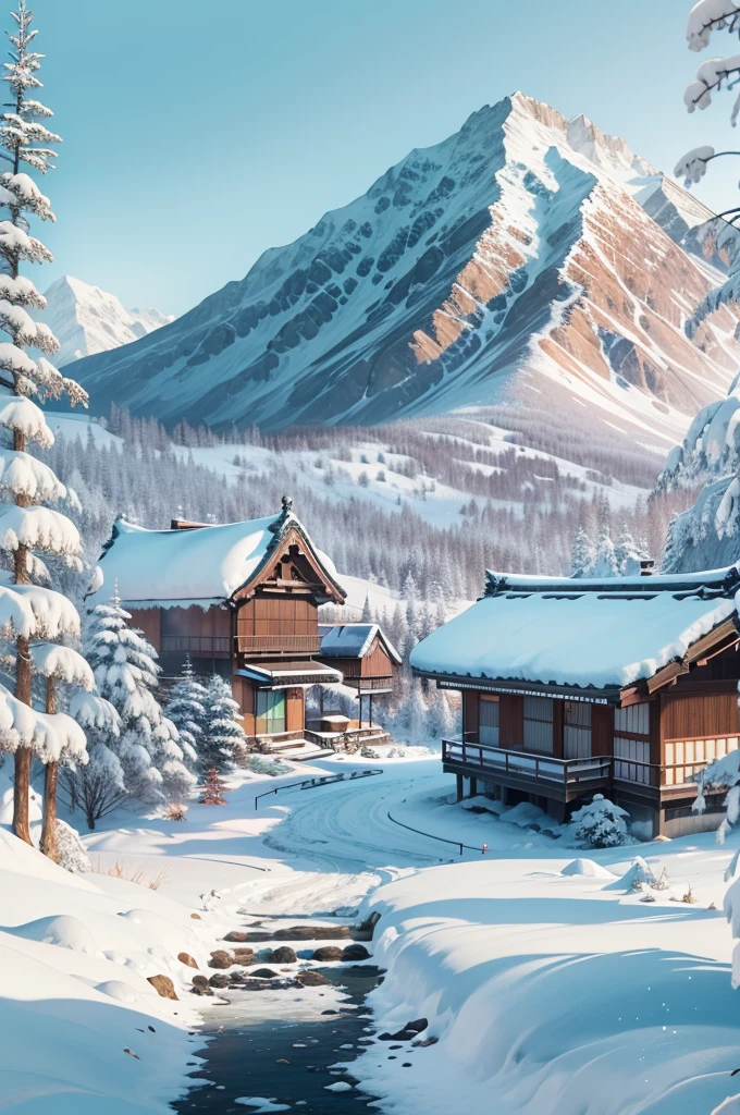 (Best Quality, 8K, masutepiece :1.3), snow mountains, Quiet snow-capped landscape, Breathtaking natural landscapes, Outside, traditional japanese building, quiet mountain resort, A quiet winter wonderland, Snow-covered peaks, Majestic beauty, pristine white snow,