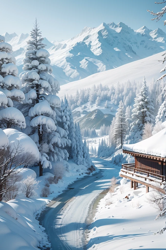 (Best Quality, 8K, masutepiece :1.3), snow mountains, Quiet snow-capped landscape, Breathtaking natural landscapes, Outside, traditional japanese building, quiet mountain resort, A quiet winter wonderland, Snow-covered peaks, Majestic beauty, pristine white snow,