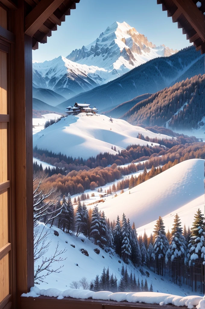 (Best Quality, 8K, masutepiece :1.3), snow mountains, Quiet snow-capped landscape, Breathtaking natural landscapes, Outside, traditional japanese building, quiet mountain resort, A quiet winter wonderland, Snow-covered peaks, Majestic beauty, pristine white snow,