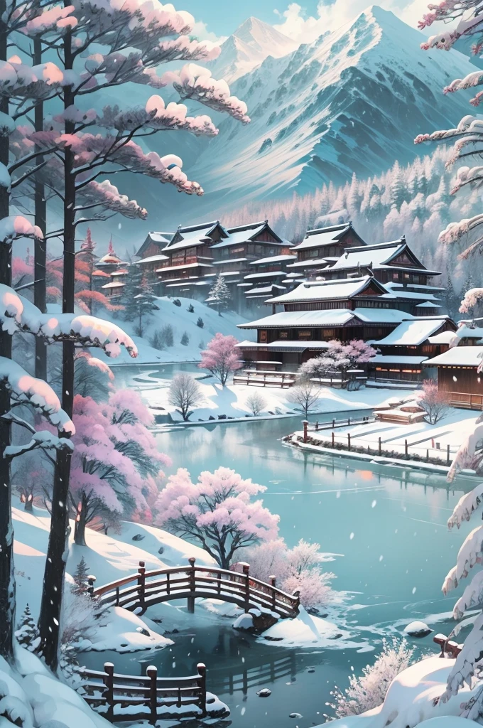 (Best Quality, 8K, masutepiece :1.3), snow mountains, Quiet snow-capped landscape, Breathtaking natural landscapes, Outside, traditional japanese building, quiet mountain resort, A quiet winter wonderland, Snow-covered peaks, Majestic beauty, pristine white snow,