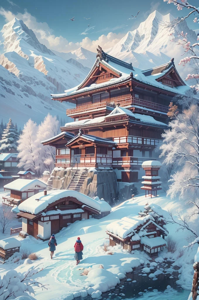 (Best Quality, 8K, masutepiece :1.3), snow mountains, Quiet snow-capped landscape, Breathtaking natural landscapes, Outside, traditional japanese building, quiet mountain resort, A quiet winter wonderland, Snow-covered peaks, Majestic beauty, pristine white snow,