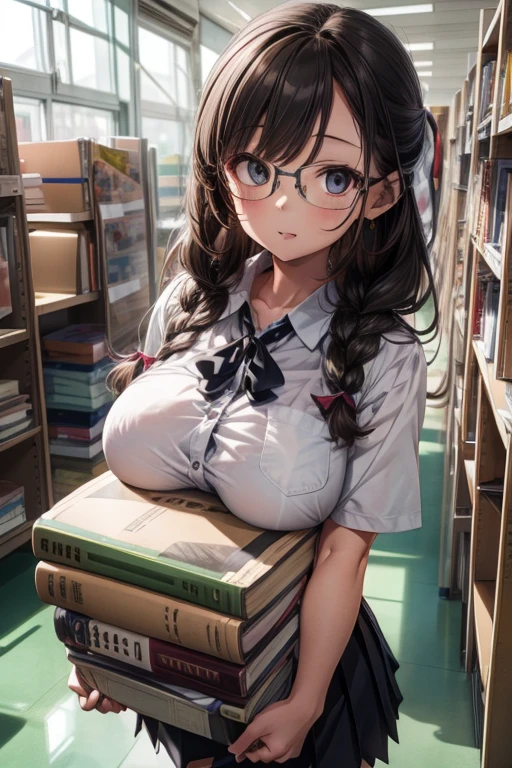 (masterpiece), (best quality), high resolution, ultra detail, photorealistic, 8K, intricate face, detailed body, detailed face, 
BREAK 
1 girl, cute girl, huge breasts, narrow waist, black hair, twin braids, glasses, black eyes, big eyes, thick lip, Gloss on lips, 
BREAK 
school girl, school sailor uniform, white shirt, pleated skirt, library, ((carried breast rest, carrying)), stack of books, squatting,