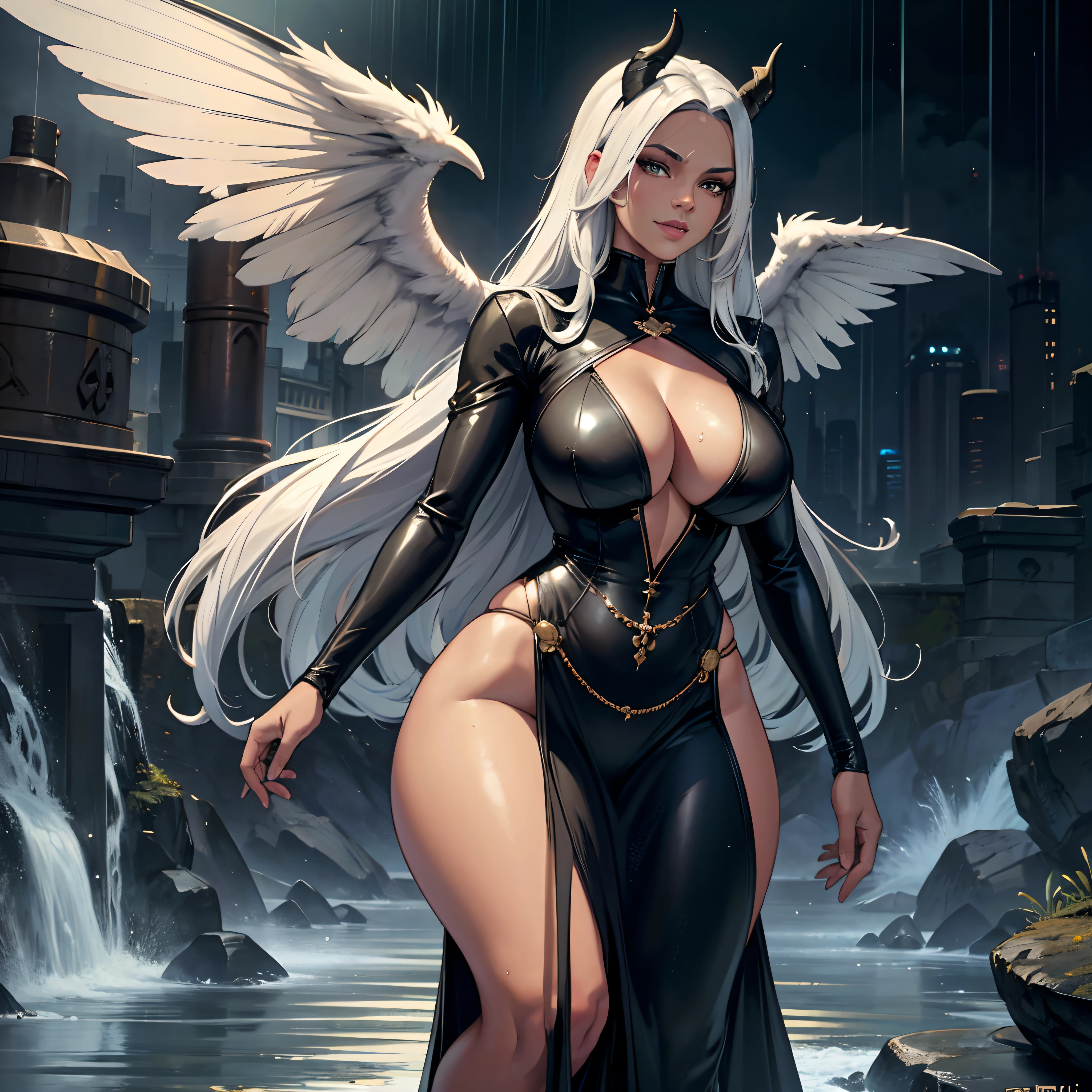 (best quality,4k,8k,highres,masterpiece:1.2), ultra-detailed, (realistic,photorealistic,photo-realistic:1.37), mature ebony-skinned female with long flowing silver hair, wearing a gilded form-fitting dress, curvy, thicc, has large black demon wings, has demonic horns, alluring gaze, portraits, seductive grin, standing in the rain, she is wet